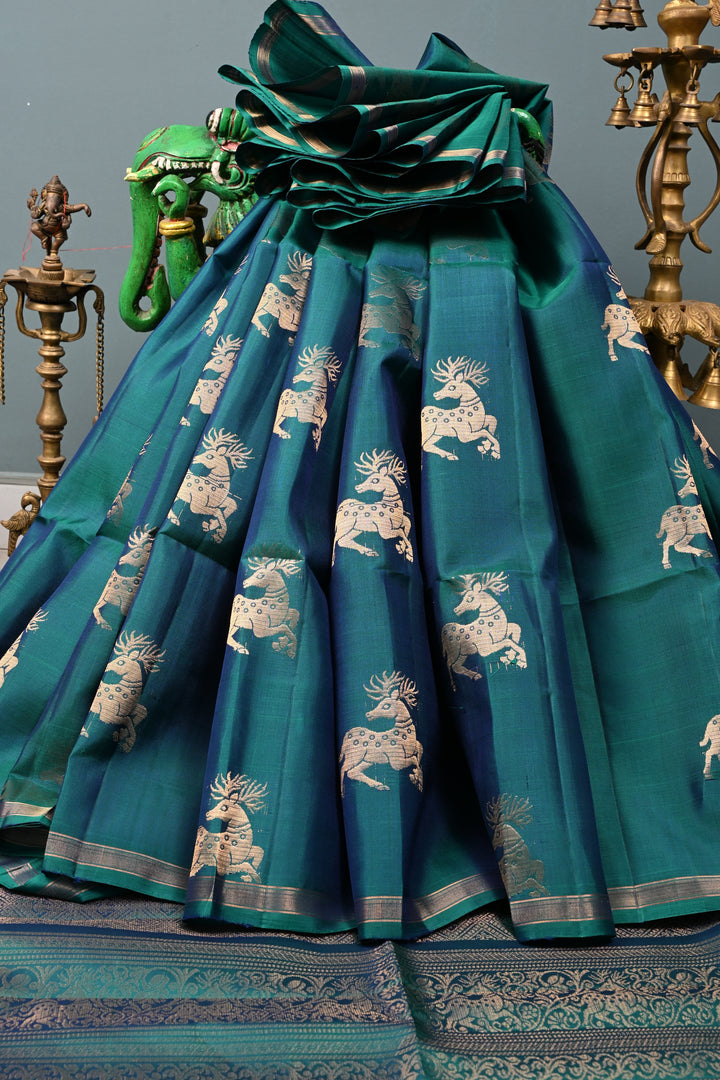 Peacock Green Dual Tone Kanjivaram Soft Silk Saree with Deer Zari Buttas and Minimal Zari Border | SILK MARK CERTIFIED | SHOBITAM