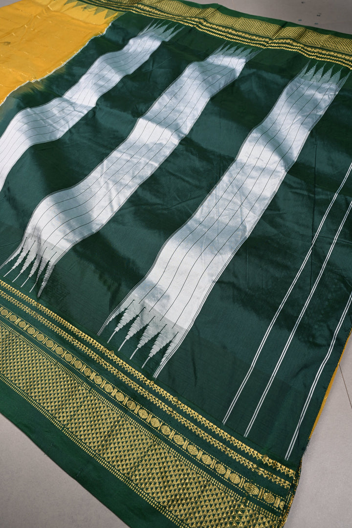 Methi Yellow Semi Gadwal Saree Horizontal Zari Stripes and Contrast Zari Border | SHOBITAM