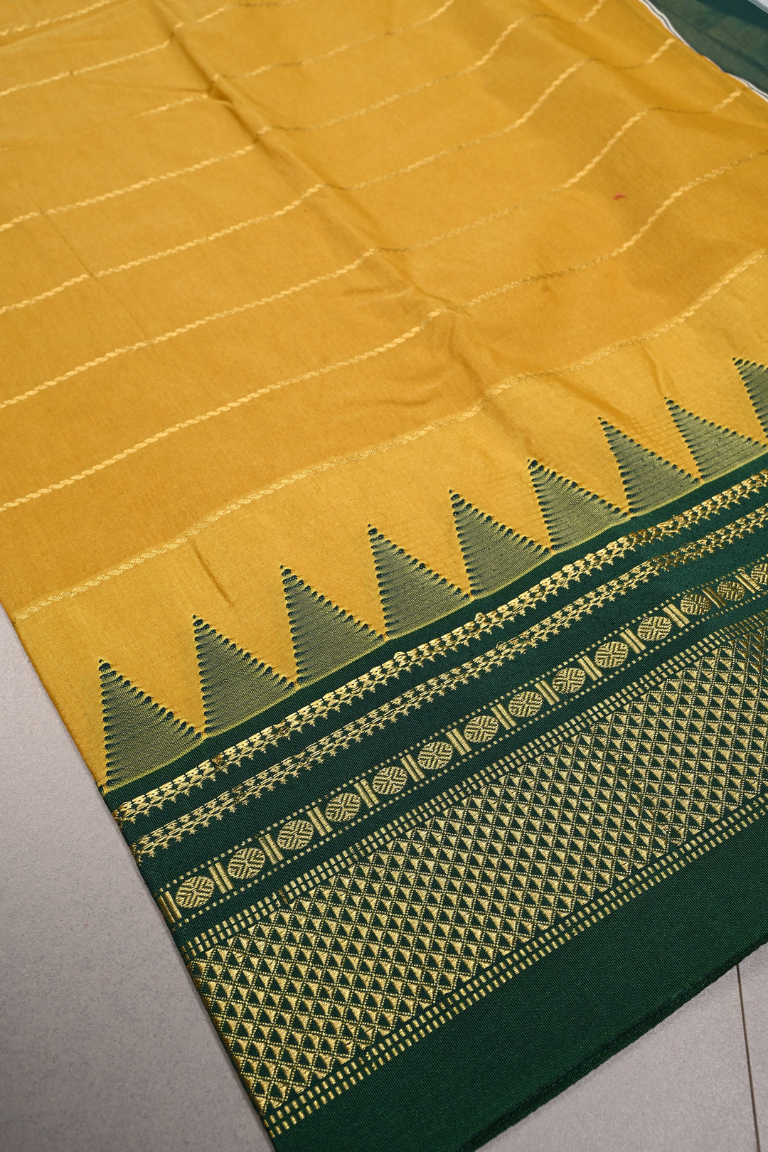 Methi Yellow Semi Gadwal Saree Horizontal Zari Stripes and Contrast Zari Border | SHOBITAM