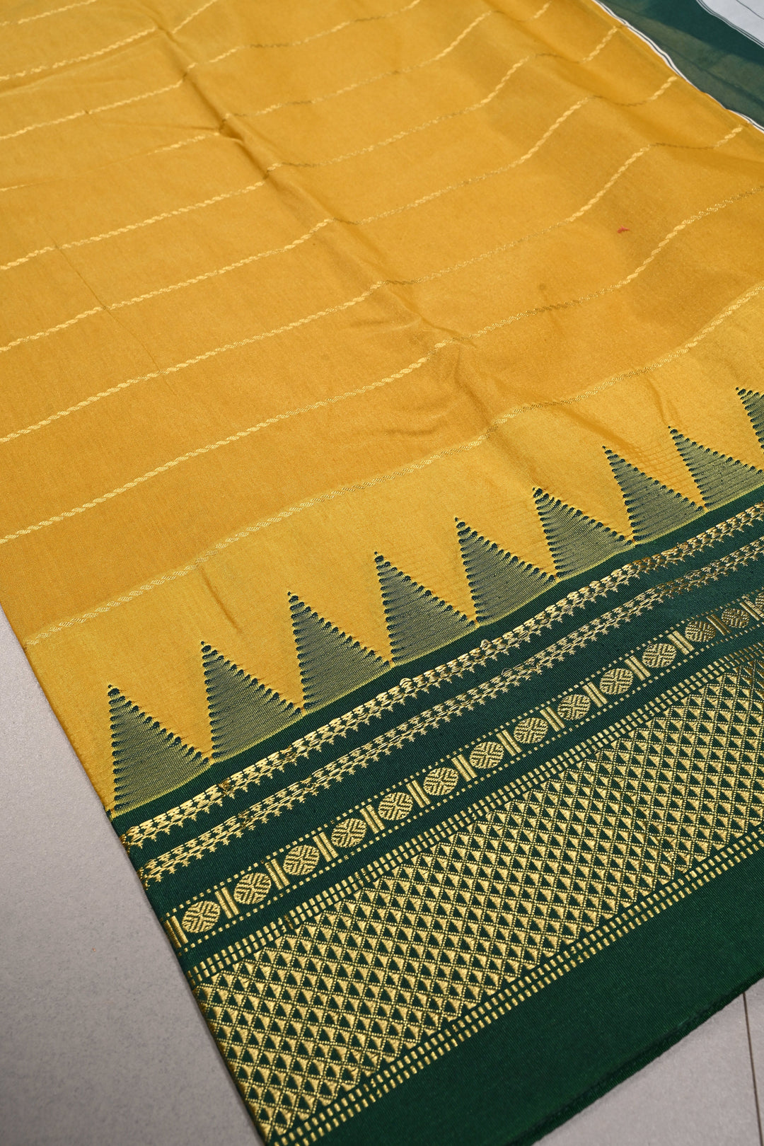 Methi Yellow Semi Gadwal Saree Horizontal Zari Stripes and Contrast Zari Border | SHOBITAM