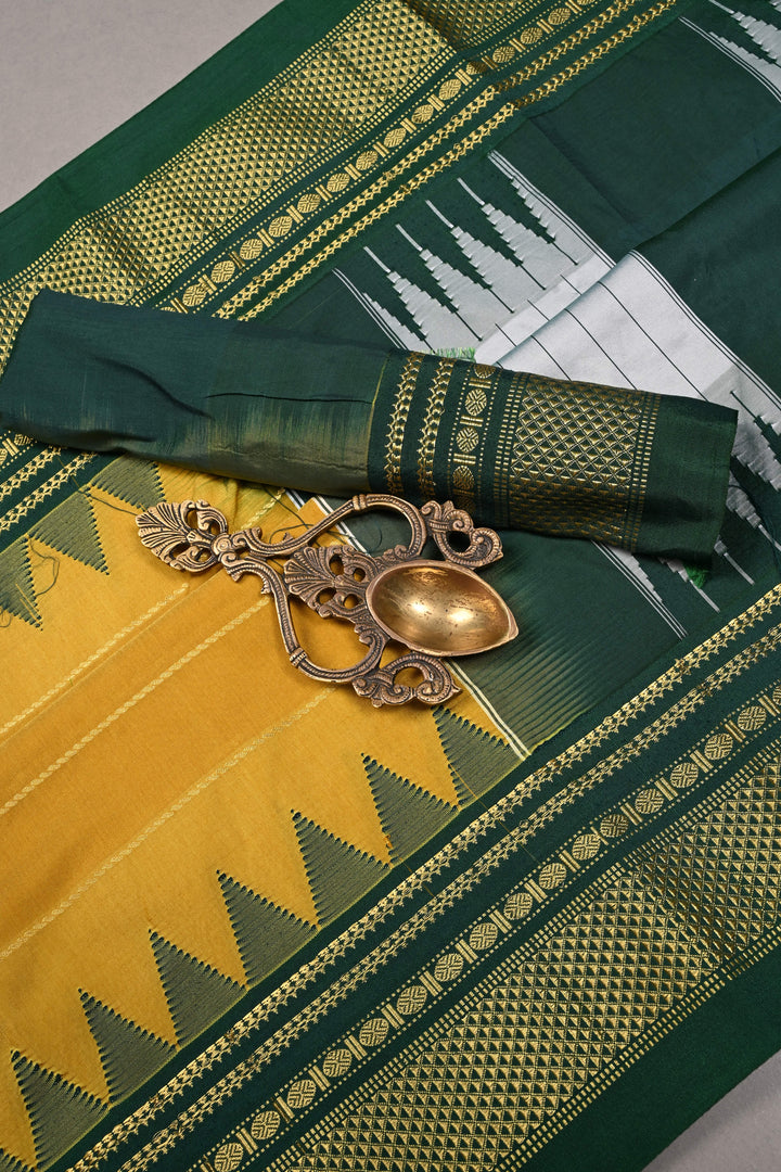 Methi Yellow Semi Gadwal Saree Horizontal Zari Stripes and Contrast Zari Border | SHOBITAM