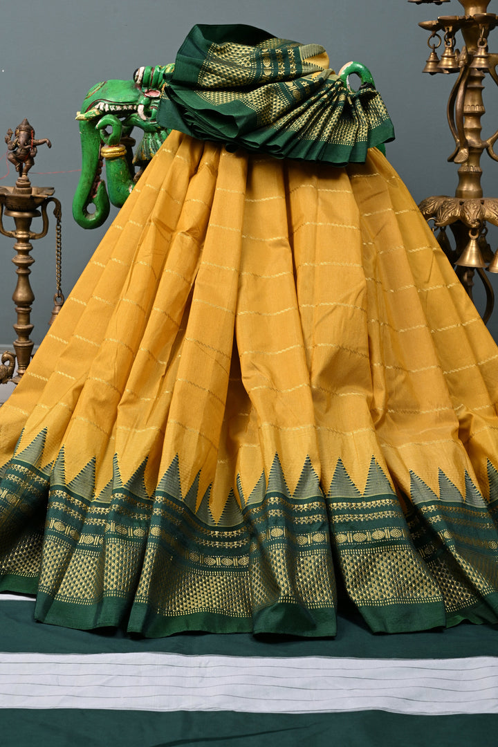 Methi Yellow Semi Gadwal Saree Horizontal Zari Stripes and Contrast Zari Border | SHOBITAM