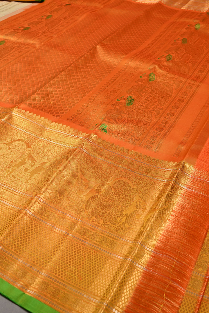 Tea Green Dual Tone Pure Gadwal Silk Saree with Ornate Zari Stripes and Contrast Wide Zari Border | SILK MARK CERTIFIED | SHOBITAM