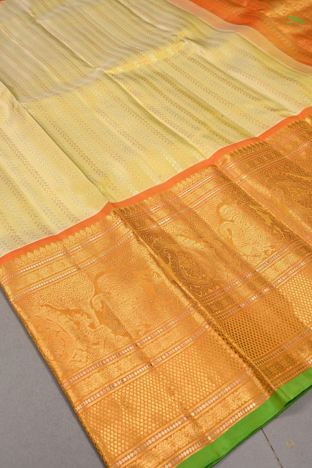 Tea Green Dual Tone Pure Gadwal Silk Saree with Ornate Zari Stripes and Contrast Wide Zari Border | SILK MARK CERTIFIED | SHOBITAM