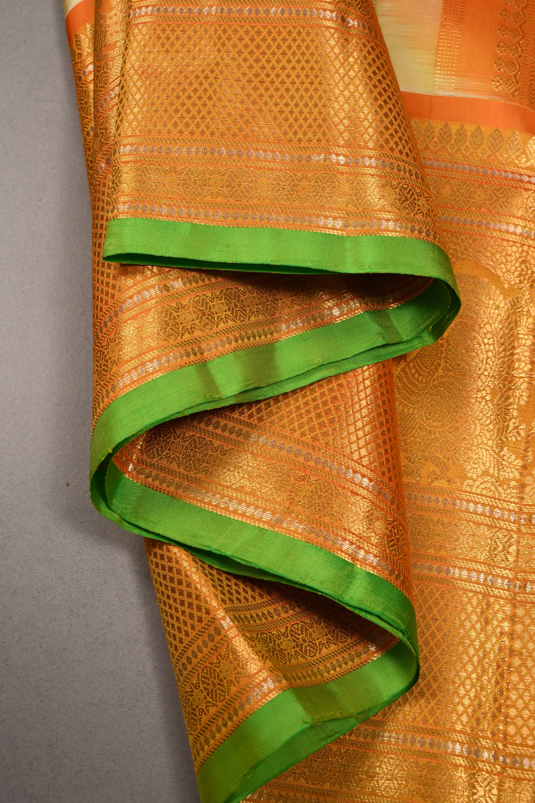 Tea Green Dual Tone Pure Gadwal Silk Saree with Ornate Zari Stripes and Contrast Wide Zari Border | SILK MARK CERTIFIED | SHOBITAM