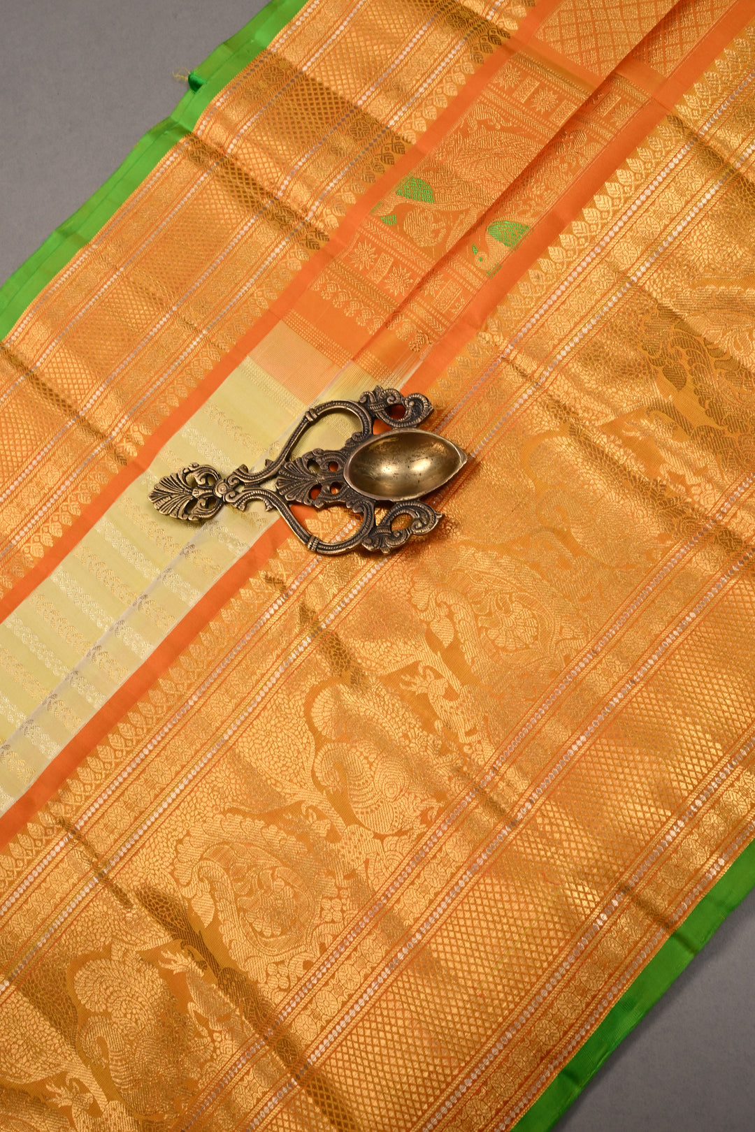 Tea Green Dual Tone Pure Gadwal Silk Saree with Ornate Zari Stripes and Contrast Wide Zari Border | SILK MARK CERTIFIED | SHOBITAM
