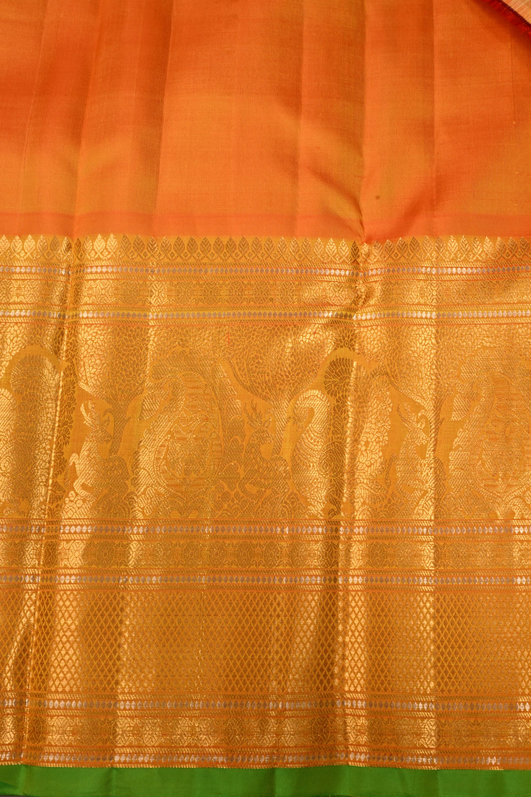 Tea Green Dual Tone Pure Gadwal Silk Saree with Ornate Zari Stripes and Contrast Wide Zari Border | SILK MARK CERTIFIED | SHOBITAM