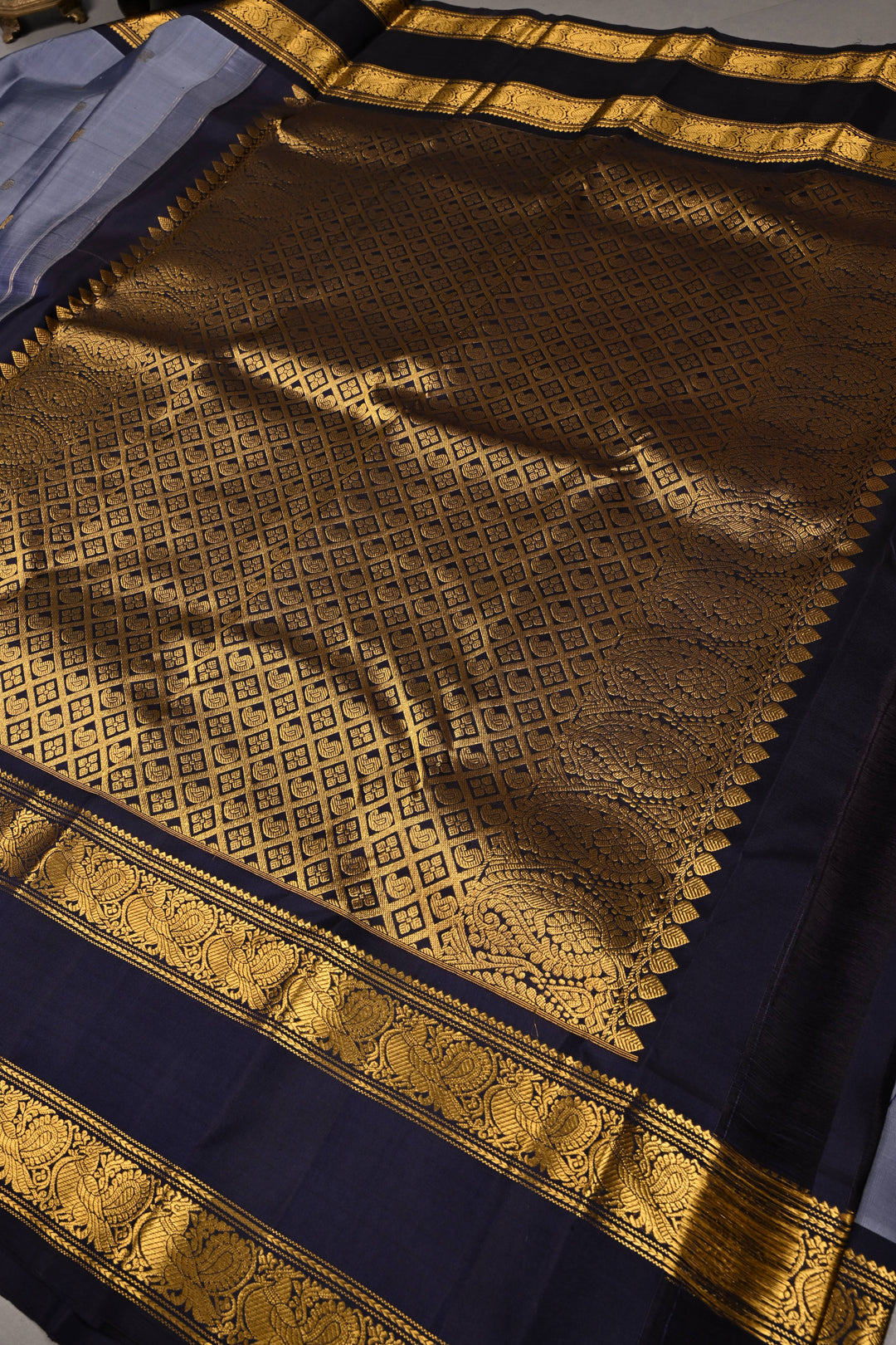Slate Blue Dual Tone Pure Gadwal Silk Saree with Zari Buttas and Contrast Rettaipet Zari Border | SILK MARK CERTIFIED | SHOBITAM