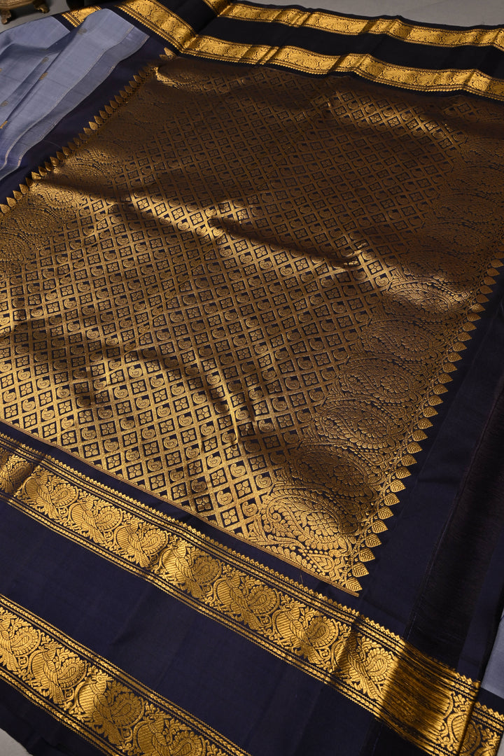 Slate Blue Dual Tone Pure Gadwal Silk Saree with Zari Buttas and Contrast Rettaipet Zari Border | SILK MARK CERTIFIED | SHOBITAM