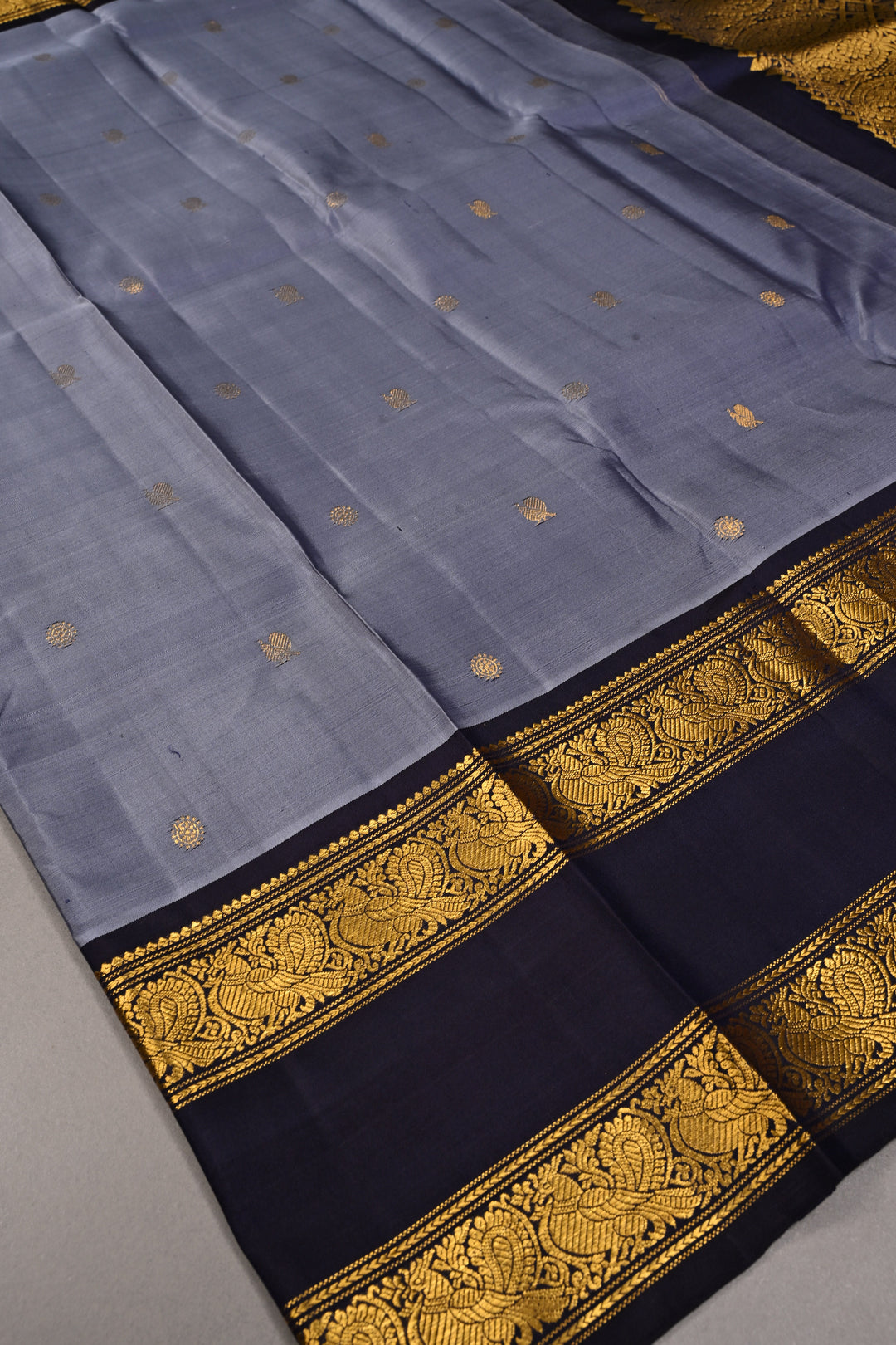 Slate Blue Dual Tone Pure Gadwal Silk Saree with Zari Buttas and Contrast Rettaipet Zari Border | SILK MARK CERTIFIED | SHOBITAM