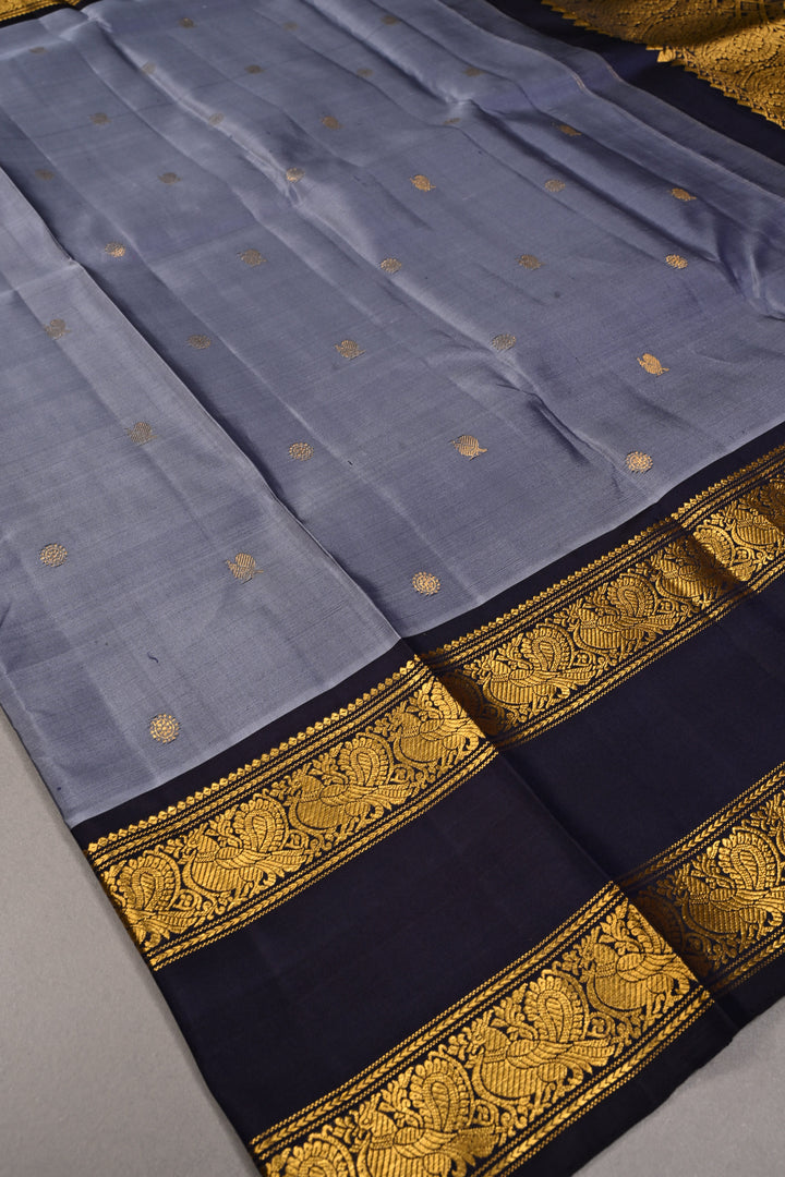 Slate Blue Dual Tone Pure Gadwal Silk Saree with Zari Buttas and Contrast Rettaipet Zari Border | SILK MARK CERTIFIED | SHOBITAM