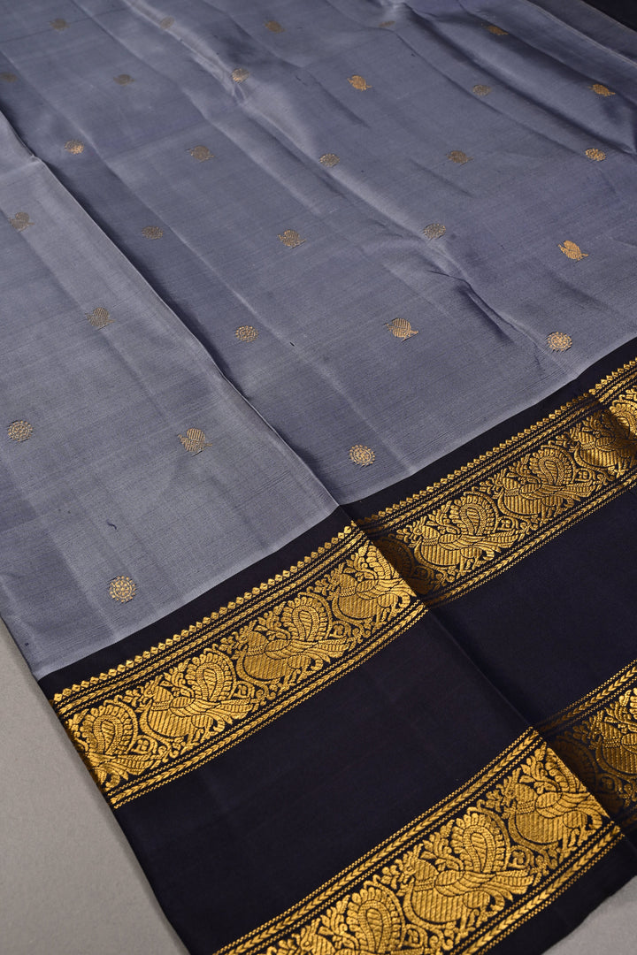 Slate Blue Dual Tone Pure Gadwal Silk Saree with Zari Buttas and Contrast Rettaipet Zari Border | SILK MARK CERTIFIED | SHOBITAM