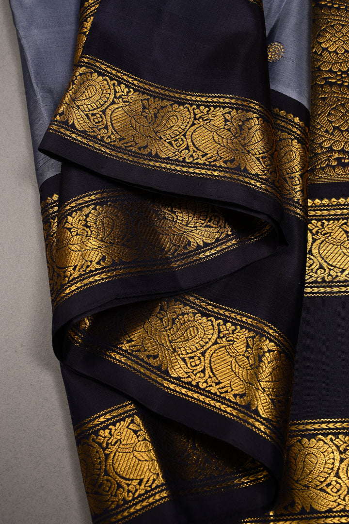 Slate Blue Dual Tone Pure Gadwal Silk Saree with Zari Buttas and Contrast Rettaipet Zari Border | SILK MARK CERTIFIED | SHOBITAM