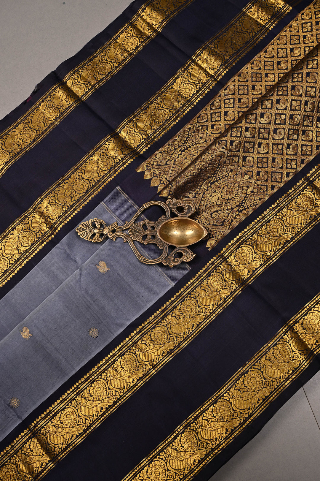 Slate Blue Dual Tone Pure Gadwal Silk Saree with Zari Buttas and Contrast Rettaipet Zari Border | SILK MARK CERTIFIED | SHOBITAM