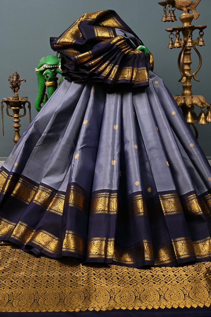 Slate Blue Dual Tone Pure Gadwal Silk Saree with Zari Buttas and Contrast Rettaipet Zari Border | SILK MARK CERTIFIED | SHOBITAM