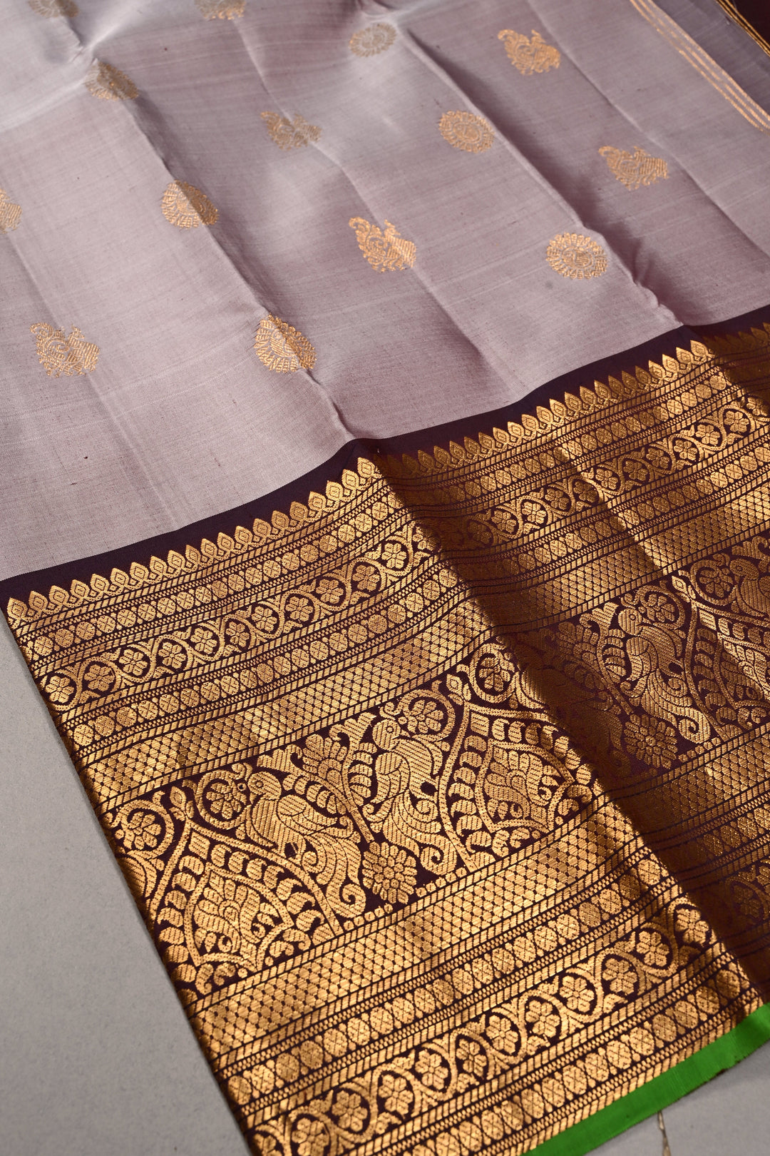 Gray Dual Tone Pure Gadwal Silk Saree with Zari Buttas and Contrast Wide Zari Border | SILK MARK CERTIFIED | SHOBITAM