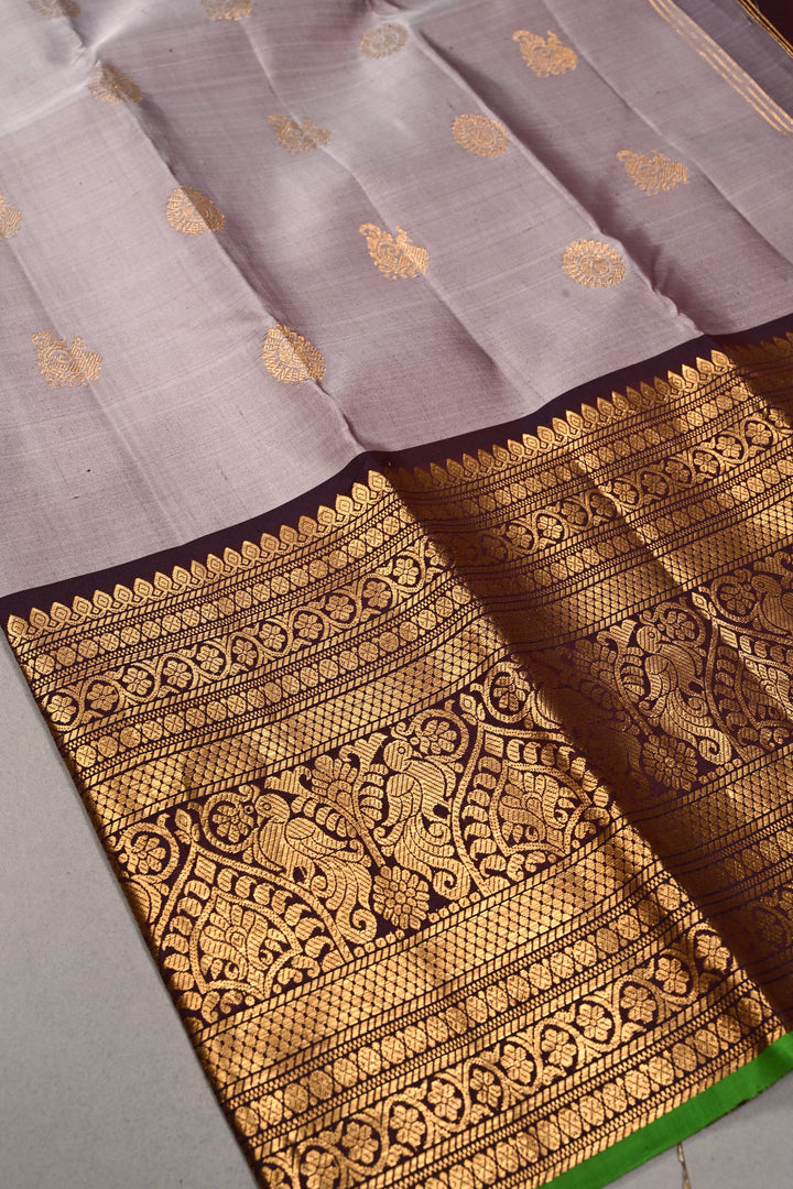 Gray Dual Tone Pure Gadwal Silk Saree with Zari Buttas and Contrast Wide Zari Border | SILK MARK CERTIFIED | SHOBITAM