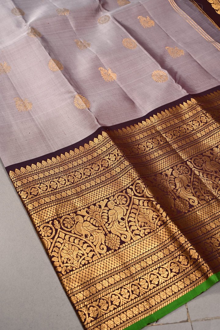 Gray Dual Tone Pure Gadwal Silk Saree with Zari Buttas and Contrast Wide Zari Border | SILK MARK CERTIFIED | SHOBITAM
