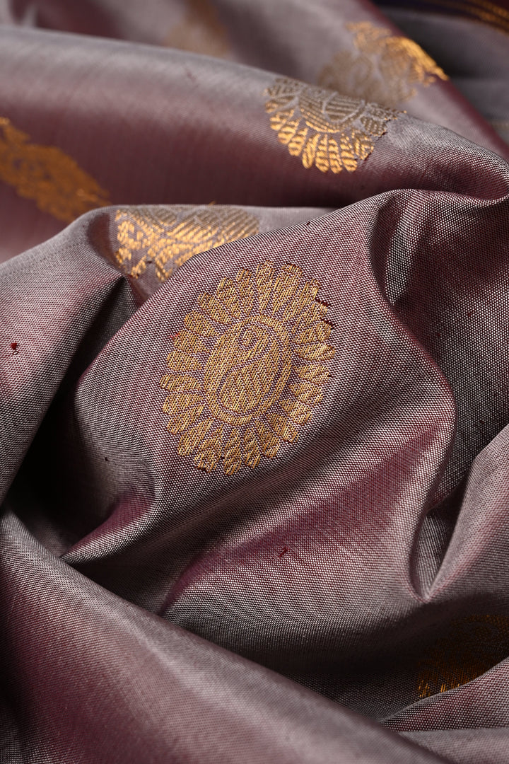 Gray Dual Tone Pure Gadwal Silk Saree with Zari Buttas and Contrast Wide Zari Border | SILK MARK CERTIFIED | SHOBITAM
