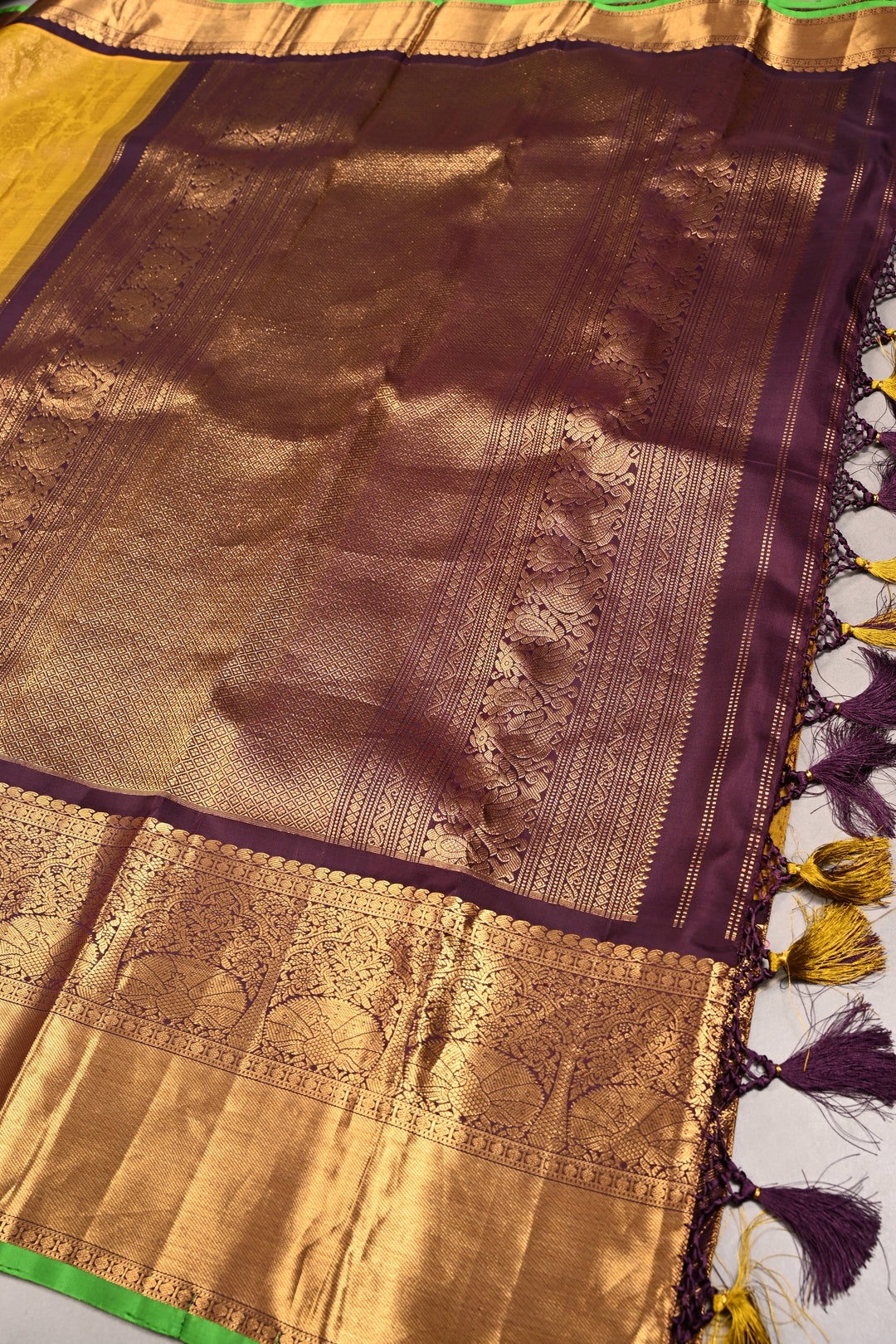 Methi Yellow Gadwal Silk Saree with Peacock-Elephant Brocade and Contrast Wide Zari Border | SILK MARK CERTIFIED | SHOBITAM