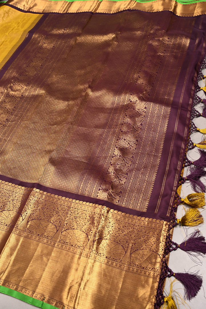 Methi Yellow Gadwal Silk Saree with Peacock-Elephant Brocade and Contrast Wide Zari Border | SILK MARK CERTIFIED | SHOBITAM