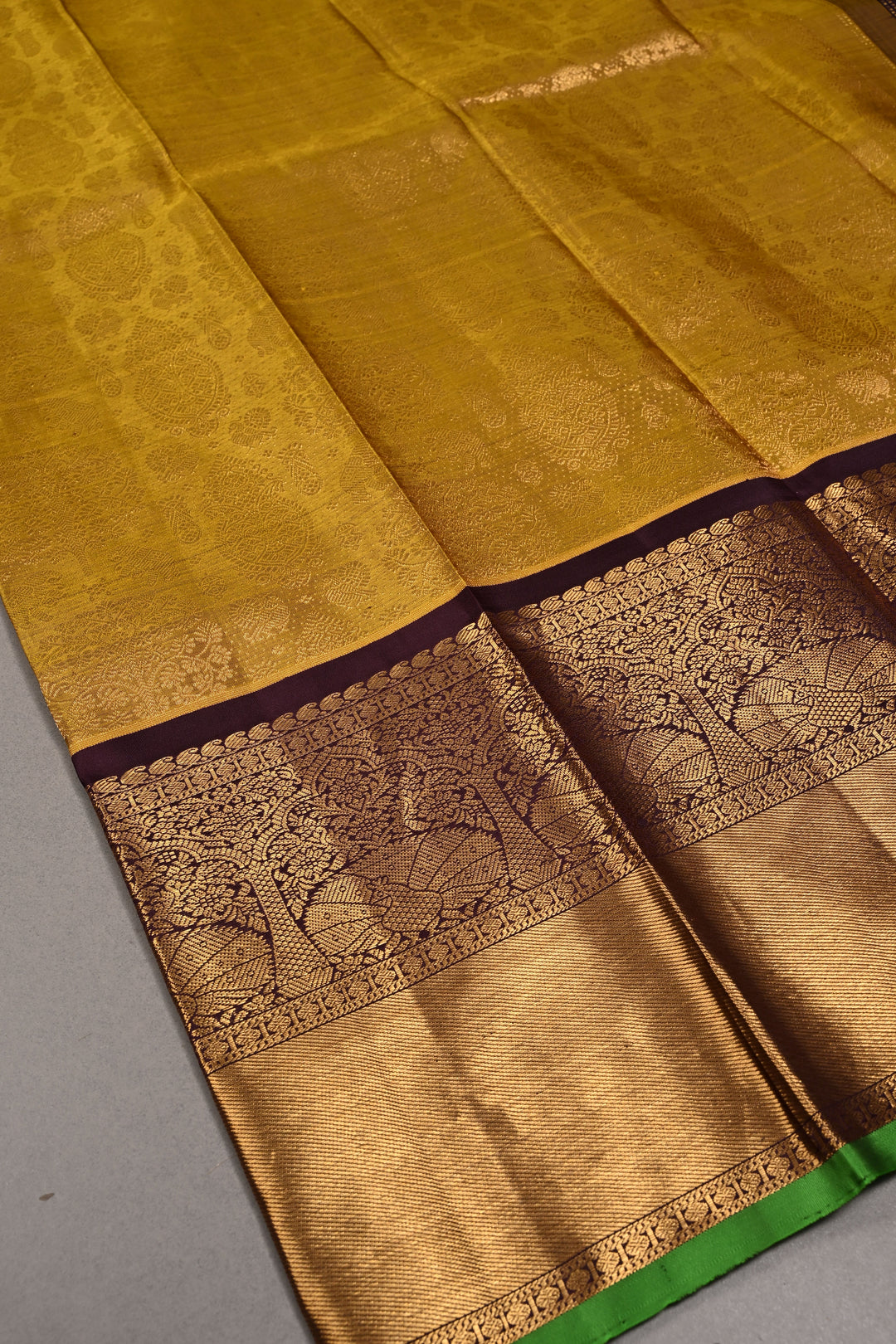 Methi Yellow Gadwal Silk Saree with Peacock-Elephant Brocade and Contrast Wide Zari Border | SILK MARK CERTIFIED | SHOBITAM