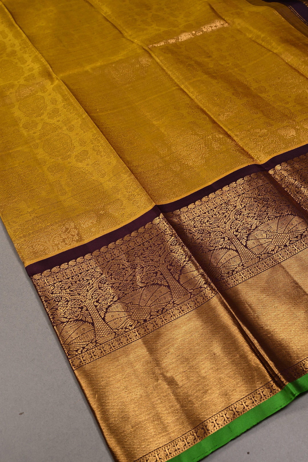 Methi Yellow Gadwal Silk Saree with Peacock-Elephant Brocade and Contrast Wide Zari Border | SILK MARK CERTIFIED | SHOBITAM