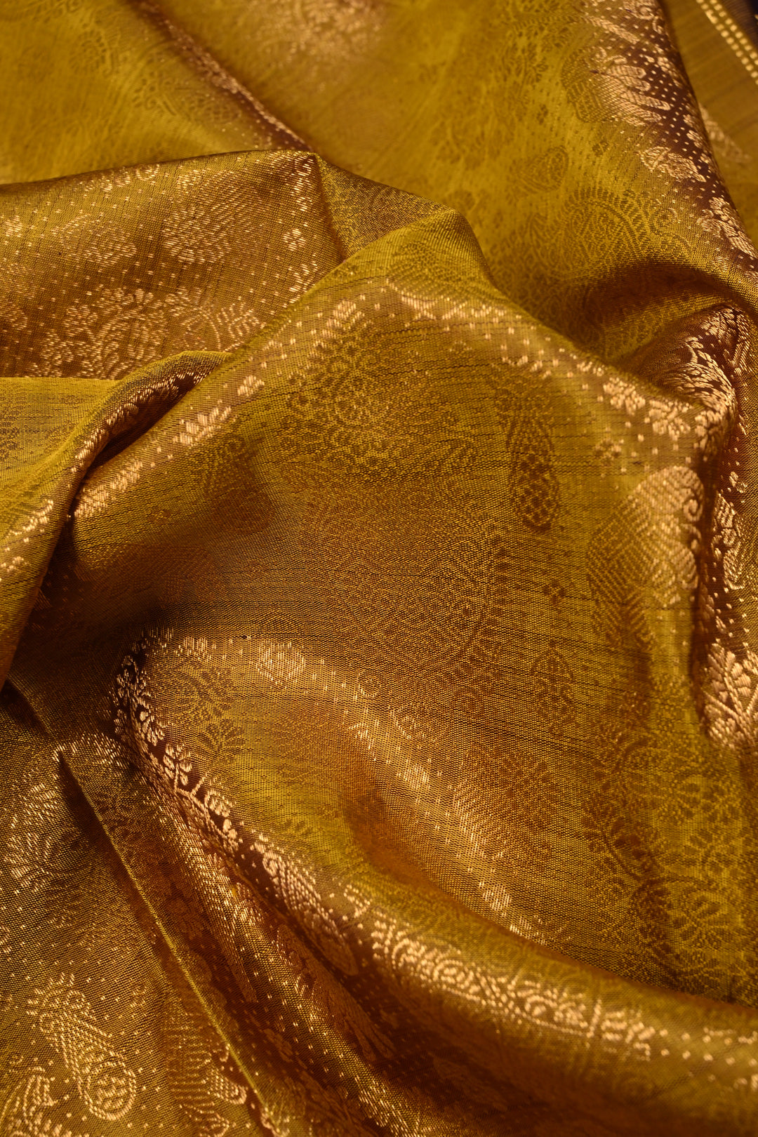 Methi Yellow Gadwal Silk Saree with Peacock-Elephant Brocade and Contrast Wide Zari Border | SILK MARK CERTIFIED | SHOBITAM