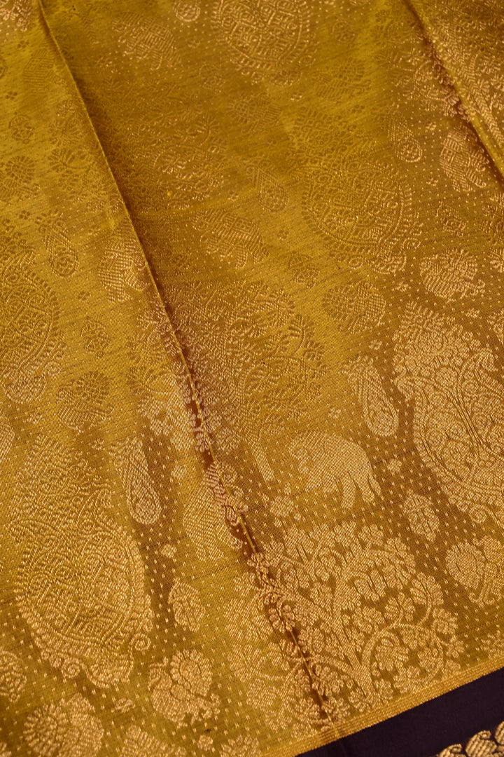 Methi Yellow Gadwal Silk Saree with Peacock-Elephant Brocade and Contrast Wide Zari Border | SILK MARK CERTIFIED | SHOBITAM