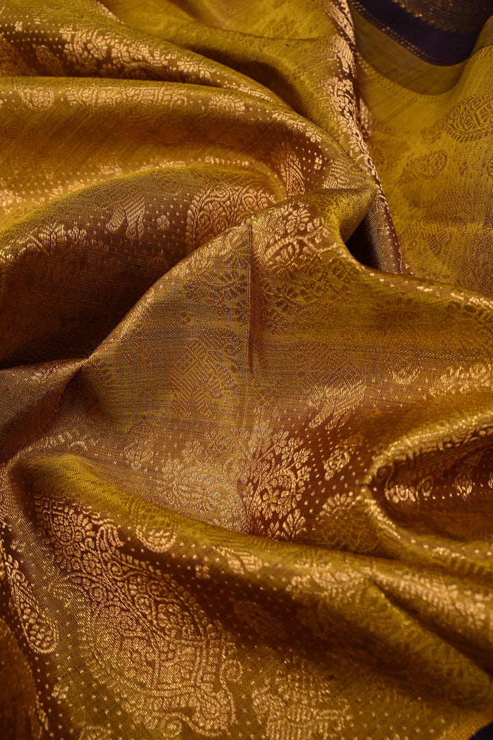 Methi Yellow Gadwal Silk Saree with Peacock-Elephant Brocade and Contrast Wide Zari Border | SILK MARK CERTIFIED | SHOBITAM
