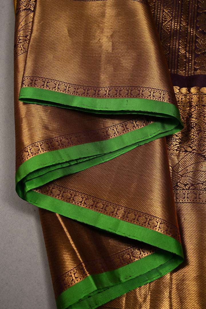 Methi Yellow Gadwal Silk Saree with Peacock-Elephant Brocade and Contrast Wide Zari Border | SILK MARK CERTIFIED | SHOBITAM