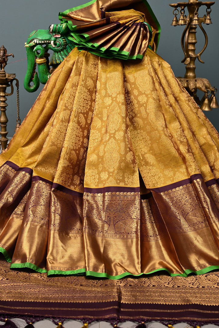 Methi Yellow Gadwal Silk Saree with Peacock-Elephant Brocade and Contrast Wide Zari Border | SILK MARK CERTIFIED | SHOBITAM