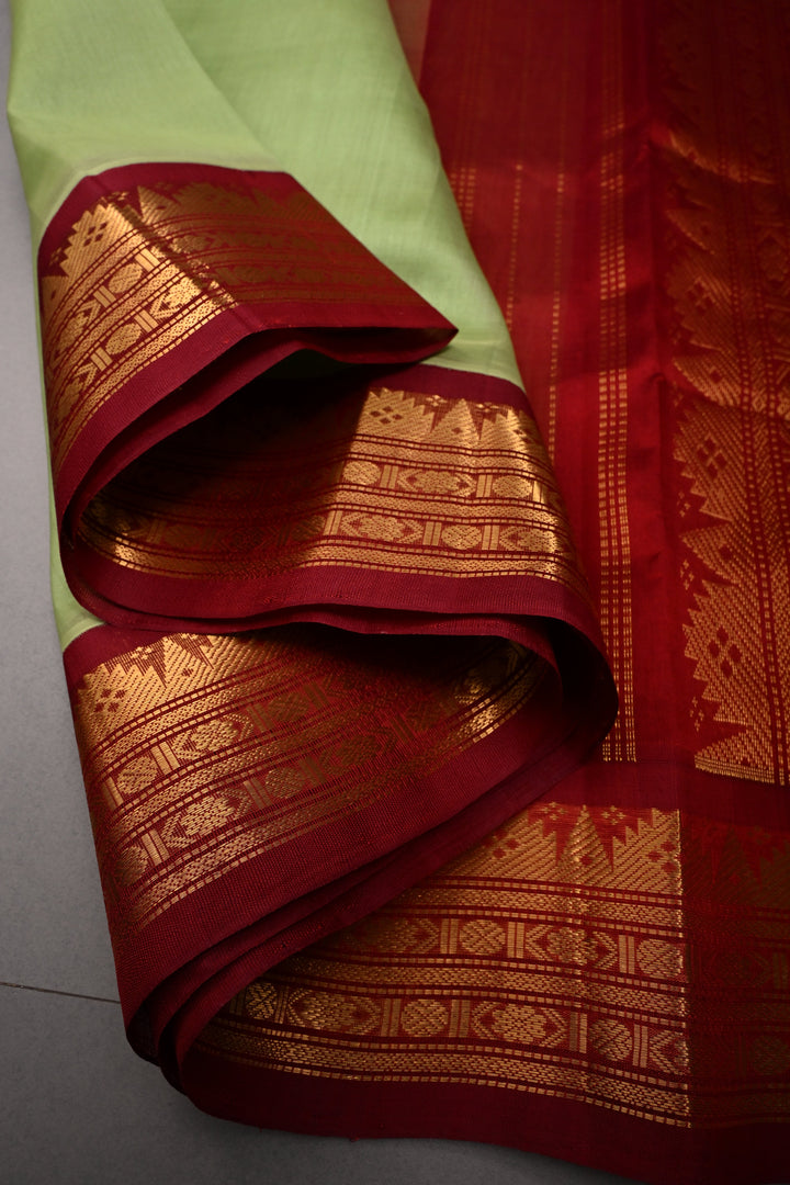 Pista Green Koravi Kanchi Silk Cotton 100% Handloom Saree with Contrast Zari Border | SHOBITAM