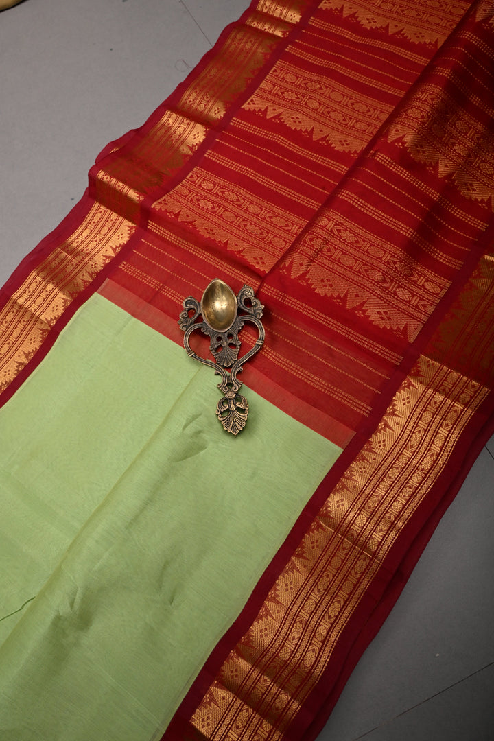Pista Green Koravi Kanchi Silk Cotton 100% Handloom Saree with Contrast Zari Border | SHOBITAM