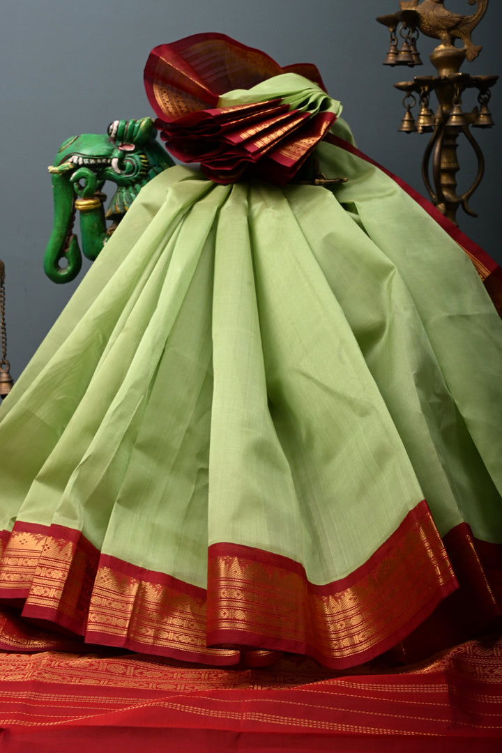 Pista Green Koravi Kanchi Silk Cotton 100% Handloom Saree with Contrast Zari Border | SHOBITAM