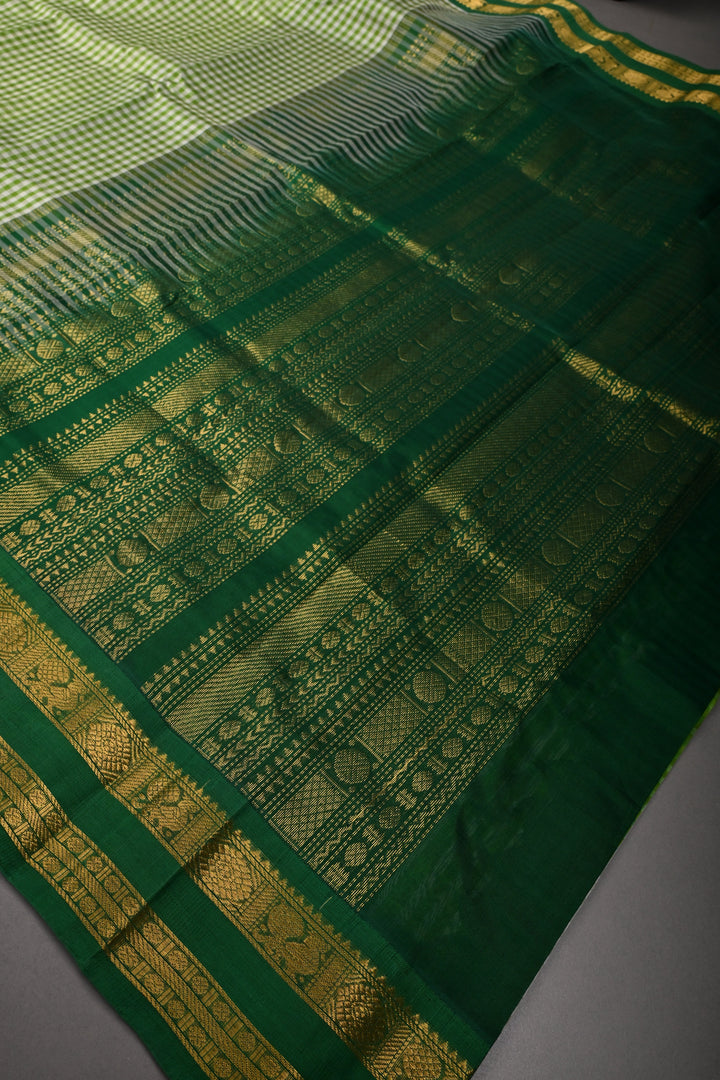 Green-White Koravi Charming Vintage Checks on Kanchi Silk Cotton 100% Handloom Saree with Zari Border | SHOBITAM