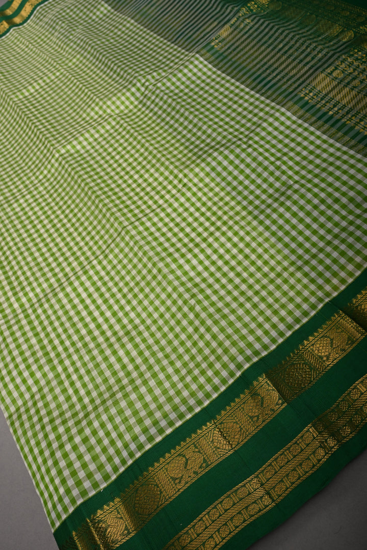 Green-White Koravi Charming Vintage Checks on Kanchi Silk Cotton 100% Handloom Saree with Zari Border | SHOBITAM