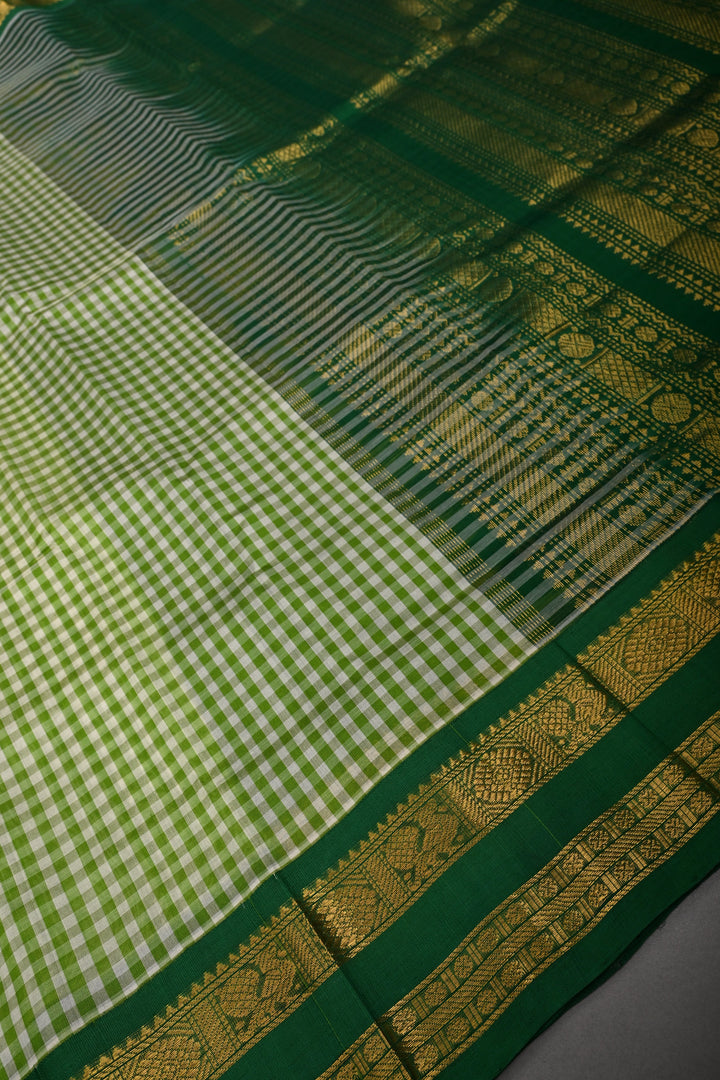 Green-White Koravi Charming Vintage Checks on Kanchi Silk Cotton 100% Handloom Saree with Zari Border | SHOBITAM