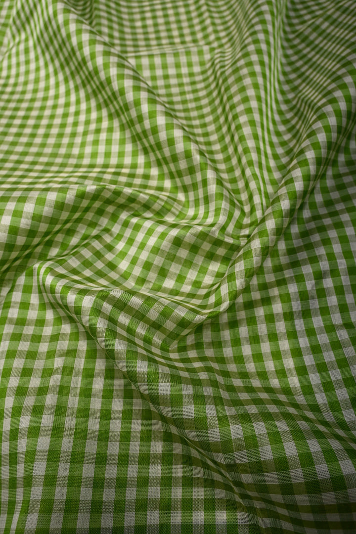 Green-White Koravi Charming Vintage Checks on Kanchi Silk Cotton 100% Handloom Saree with Zari Border | SHOBITAM