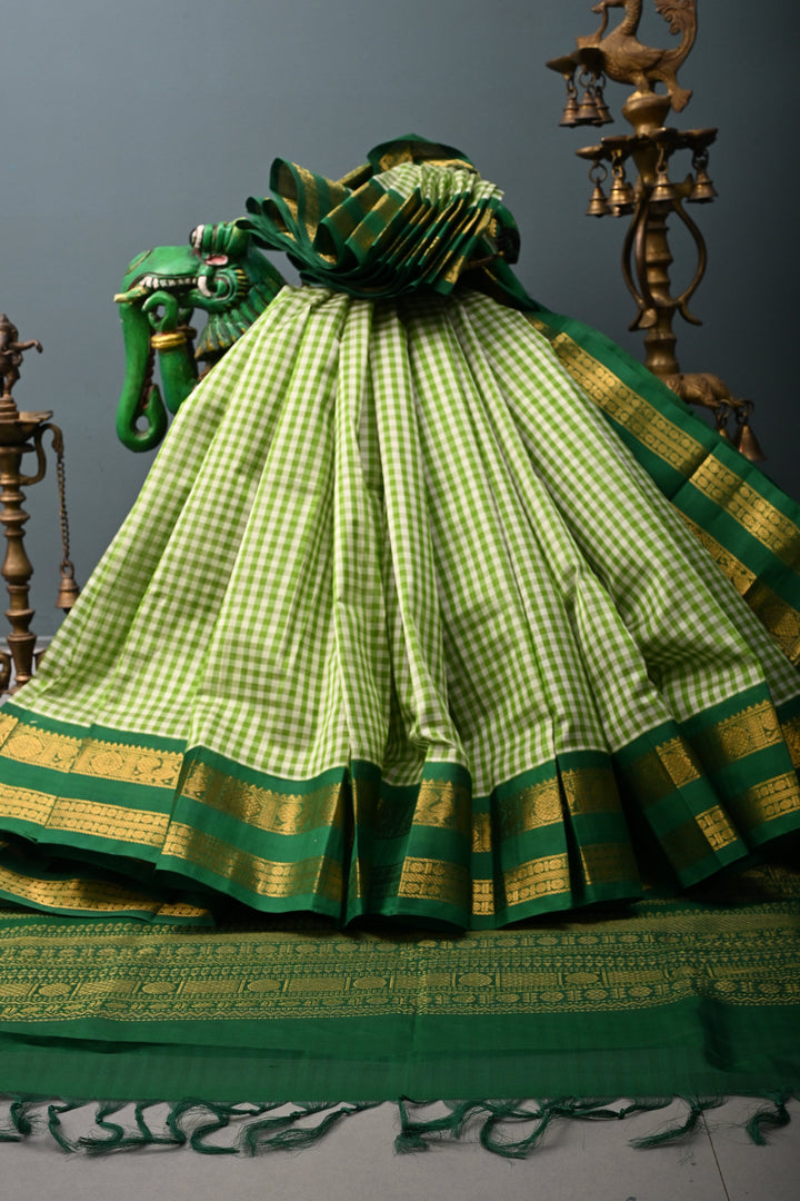 Green-White Koravi Charming Vintage Checks on Kanchi Silk Cotton 100% Handloom Saree with Zari Border | SHOBITAM
