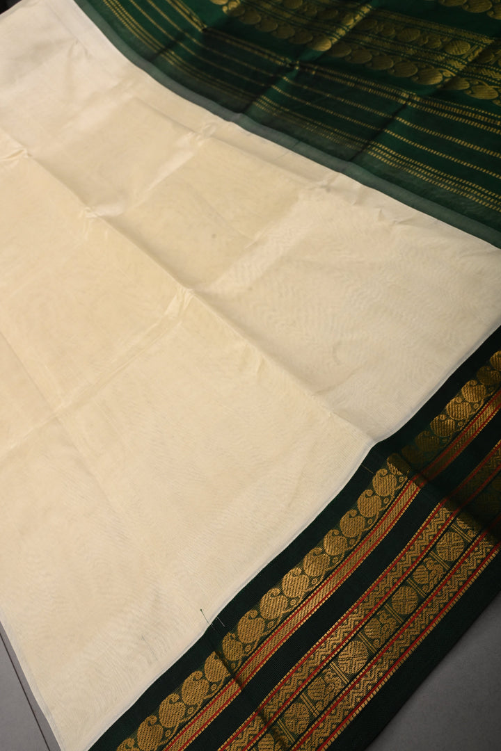 Off White Koravi Kanchi Silk Cotton 100% Handloom Saree with Contrast Zari Border | SHOBITAM