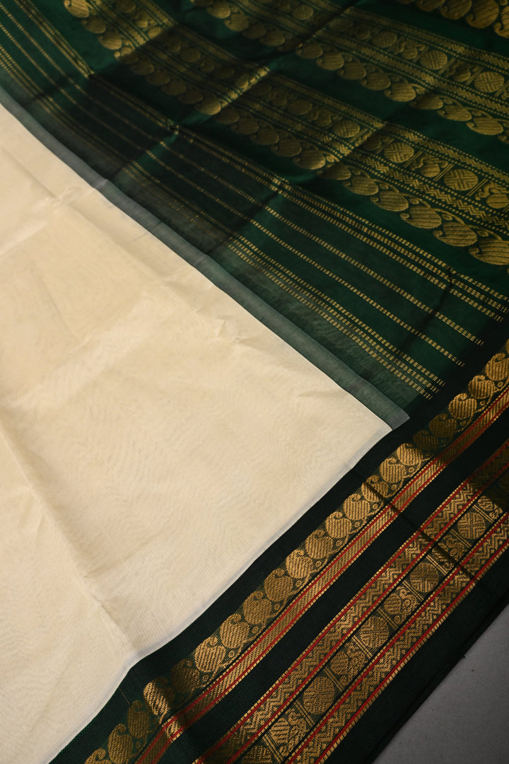 Off White Koravi Kanchi Silk Cotton 100% Handloom Saree with Contrast Zari Border | SHOBITAM