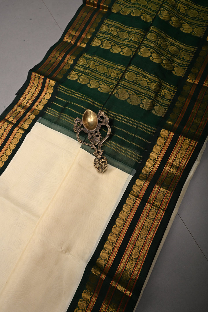 Off White Koravi Kanchi Silk Cotton 100% Handloom Saree with Contrast Zari Border | SHOBITAM