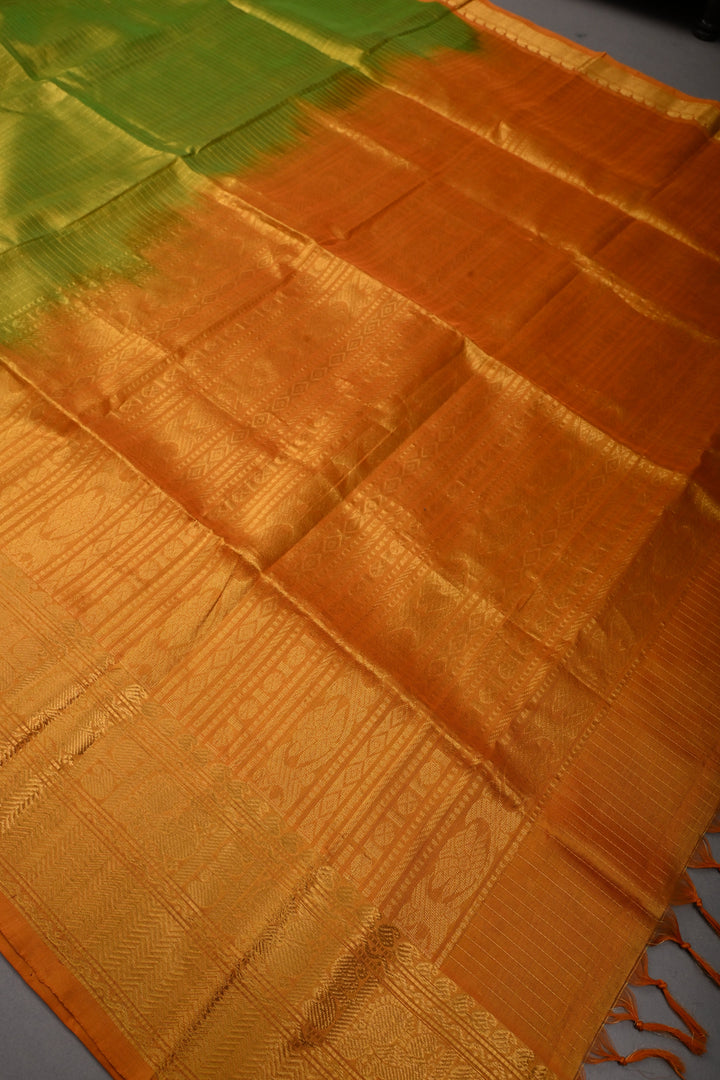 Chartreuse Dual Tone Kanchi Silk Cotton Handloom Zari Checks Saree with Muted Zari Buttas and Contrast Zari Border | SHOBITAM