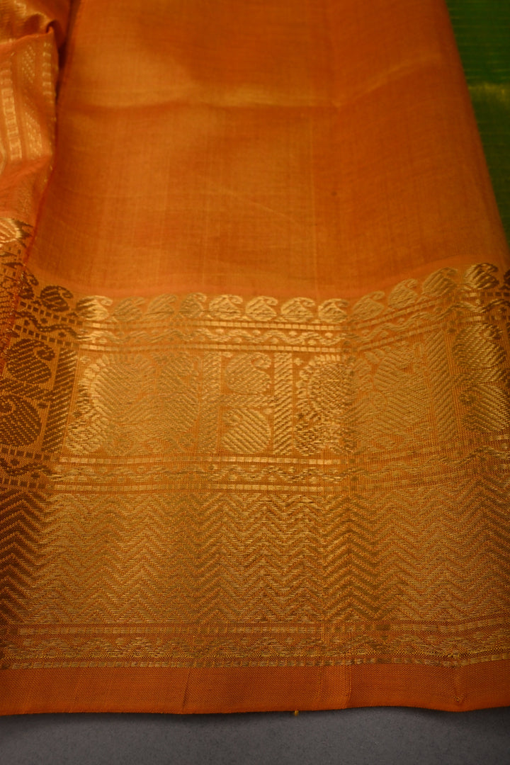 Chartreuse Dual Tone Kanchi Silk Cotton Handloom Zari Checks Saree with Muted Zari Buttas and Contrast Zari Border | SHOBITAM