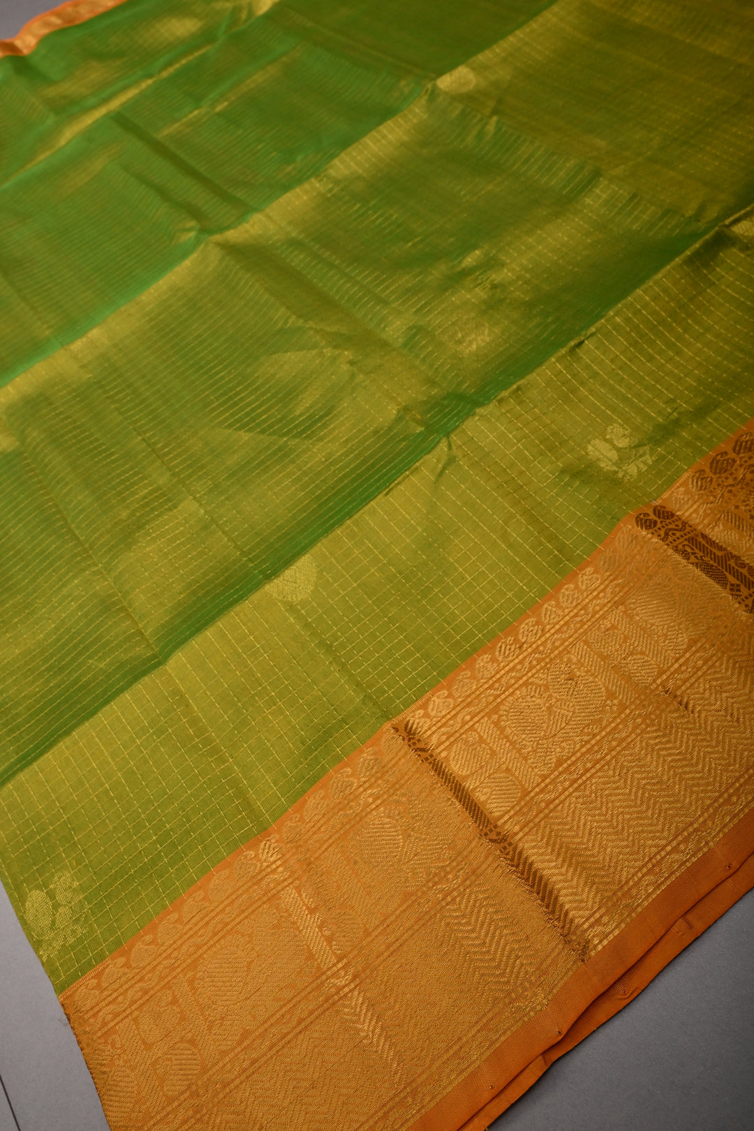 Chartreuse Dual Tone Kanchi Silk Cotton Handloom Zari Checks Saree with Muted Zari Buttas and Contrast Zari Border | SHOBITAM