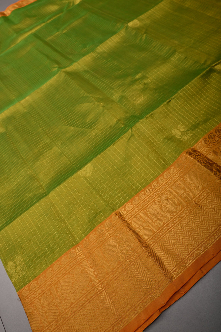 Chartreuse Dual Tone Kanchi Silk Cotton Handloom Zari Checks Saree with Muted Zari Buttas and Contrast Zari Border | SHOBITAM