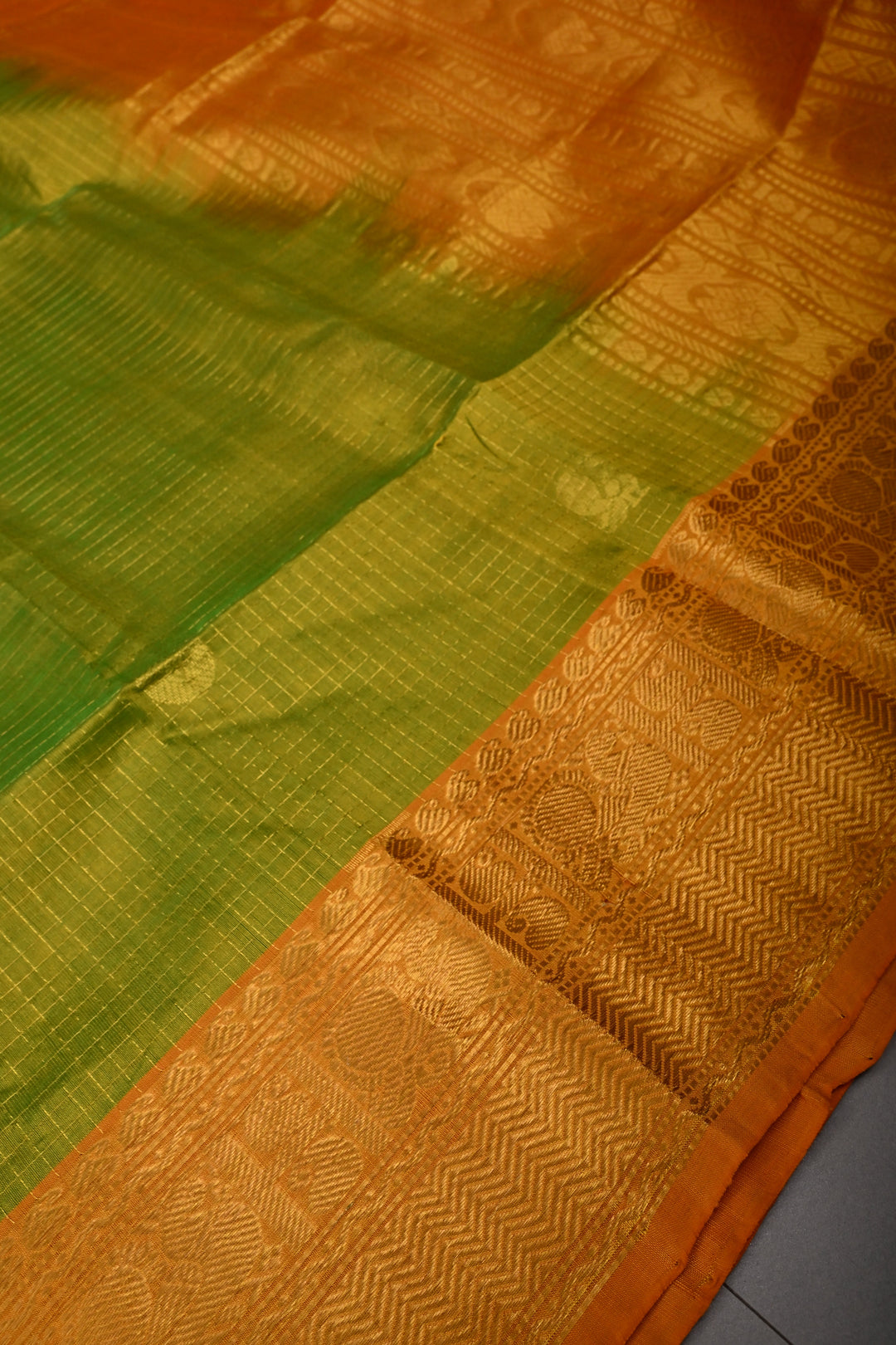 Chartreuse Dual Tone Kanchi Silk Cotton Handloom Zari Checks Saree with Muted Zari Buttas and Contrast Zari Border | SHOBITAM