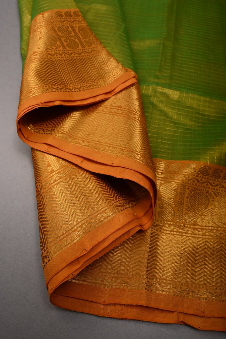 Chartreuse Dual Tone Kanchi Silk Cotton Handloom Zari Checks Saree with Muted Zari Buttas and Contrast Zari Border | SHOBITAM