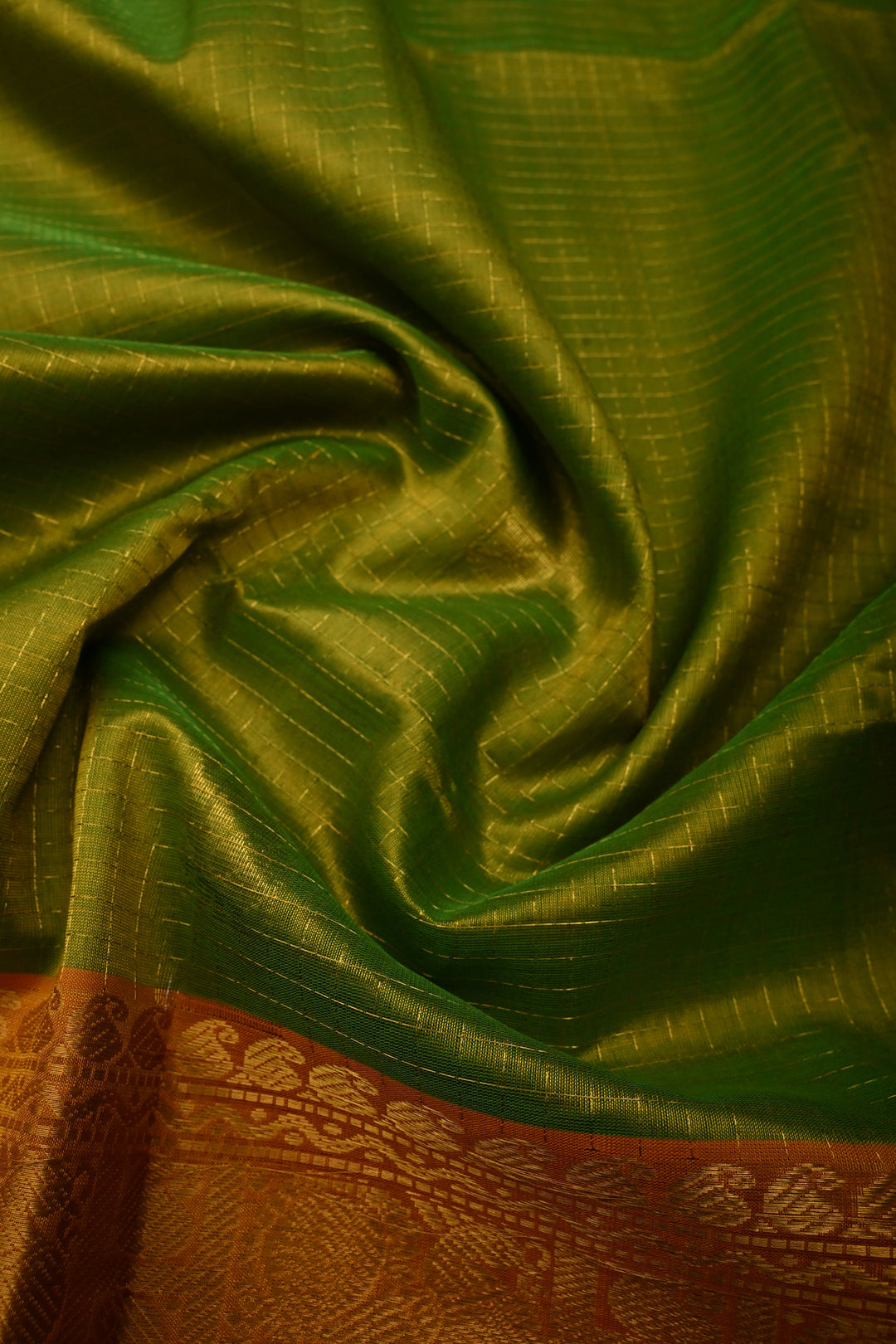 Chartreuse Dual Tone Kanchi Silk Cotton Handloom Zari Checks Saree with Muted Zari Buttas and Contrast Zari Border | SHOBITAM